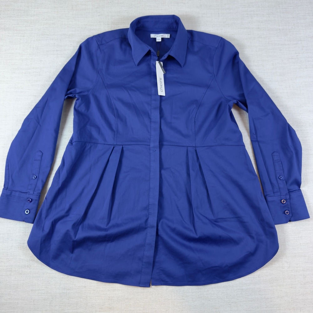 NWT Chico's Royal Blue Empire Waist Pleated Button Down Tunic Shirt Size US 6